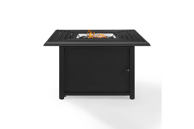 Sure to be the focal point of your outdoor retreat, this fire table has a transitional design that can blend with any outdoor space. Constructed of weather-resistant steel, it features a slatted top and solid panels on the base. The gas controls and a rack for a propane tank are located inside the table's base, keeping them close at hand but out of sight. Pull up your favorite outdoor chair and enjoy a relaxing night by the fire table.Made of sturdy steel | Black finish | Hinged door | Weather resistant | Gas controls and propane tank store inside table | 50,000 btu | Uses standard 20 lb. Propane tank (not included) | Includes 15 lbs. Of black glass fire beads | Includes a lid and protective covers for the table and propane tank | Assembly required