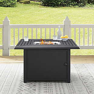 Sure to be the focal point of your outdoor retreat, this fire table has a transitional design that can blend with any outdoor space. Constructed of weather-resistant steel, it features a slatted top and solid panels on the base. The gas controls and a rack for a propane tank are located inside the table's base, keeping them close at hand but out of sight. Pull up your favorite outdoor chair and enjoy a relaxing night by the fire table.Made of sturdy steel | Black finish | Hinged door | Weather resistant | Gas controls and propane tank store inside table | 50,000 btu | Uses standard 20 lb. Propane tank (not included) | Includes 15 lbs. Of black glass fire beads | Includes a lid and protective covers for the table and propane tank | Assembly required