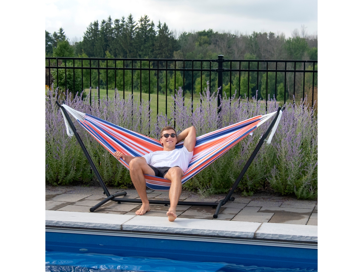 Outdoor Double Cotton Hammock Orange Punch with 9 ft. Stand Ashley