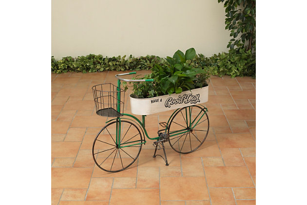 Take your favorite potted plants and flowers for a ride on this 37.2-inch long bicycle plant stand. Durably constructed of metal in a classic bicycle design, this charming plant stand has spoked wheels and a striking green finish with a white basket and planting tray accents. Intended for use outdoors, this cleverly designed bicycle planter would make a delightful addition to your summer garden, porch or patio.Made of metal | Antique style bicycle potted plant holder | White antique potted plant holder with 'have a good day' decal | The perfect size to display on your patio or in your garden | The perfect size to display on your patio or in your garden | Measuring  37.2 inches long, 25.98 inches high, 14.7 inches wide | Basket can also be used for potted plants, double sided stand for stability | Arrives assembled