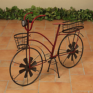 Gerson International 37" Outdoor Solar-powered Metal Antique-style Bicycle Plant Stand With Wind Spinner Spokes, , rollover