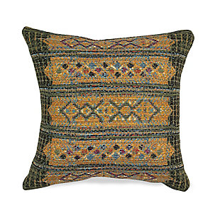 This decorative stripe pillow features deep, vivid colors in a tribal-inspired design, adding the perfect touch of interest to any traditional or bohemian decor. Mastery woven for strength and durability, its weather-resistant soft polypropylene face creates the perfect soft touch. The easy-care pillow has a removable cover with a zipper closure. Crafted on a traditional loom, then stitched to a durable polyester bac, it has a worldly aesthetic that brings chic ambiance to your space.Made of polypropylene | 18" square | Soft polyfill | Wilton woven | Indoor-outdoor | Machine washable; dry flat | Zipper closure | Fade resistant | Imported