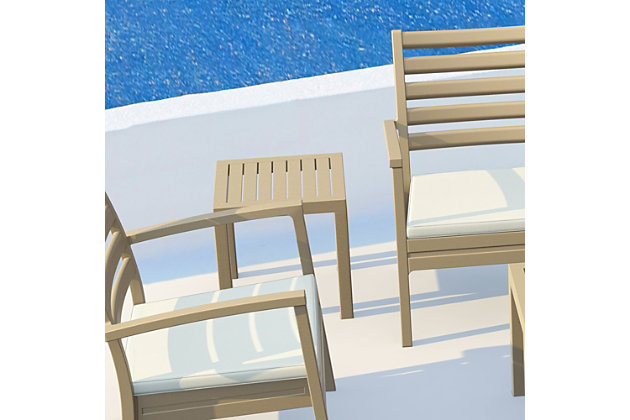 Whether we care to admit it or not, the weather takes its toll. Rest assured, this square side table is extremely durable for outdoor temperatures and conditions. Made from high-quality resin with a stackable design for easy storage, it's perfect for the pool, beach and other heavy-use areas.Made of polyresin | Resistant to suntan oils, saltwater and chlorine | Stackable design | Easy to clean | No assembly required