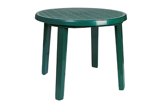 Fulfill your outdoor nesting needs with this round patio dining table. The lightweight and durable table is made from superior-quality resin material that is UV resistant and waterproof. Ideal for yard, patio or poolside usage, it features tough legs that provide structural strength and stability.Made of polyresin and plastic | Resistant to suntan oils, chlorine, stains and saltwater | Uv protected | Indoor or outdoor use | Umbrella hole accommodates 1.5" diameter poles | Assembly required
