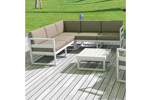 Add additional seating to your outdoor living space in a simply beautiful way with the Mykonos single extension with Sunbrella® upholstered cushions. This extension allows you to extend the Mykonos lounge sofa to your liking, increasing the seating capacity without limits. With no metal parts to rust and no moving parts that can break, this extension makes alfresco relaxation for multiple guests your reality.Made of fabric and polyresin | Resistant to suntan oils, chlorine, stains and saltwater | Two 4" high-density foam cushions upholstered with sunbrella® fabric | Uv protected | Easy to clean | Easy assembly (no tools required)