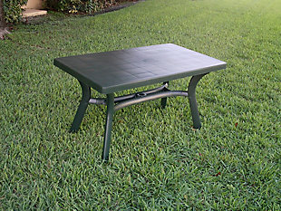 Create an approachable and inviting environment in your outdoor dining space with this weather-resistant dining table, sized to seat four comfortably without confining any guest in a corner. The rectangular table features strong and stable legs with adjustable levelers that provide structural strength and stability. An umbrella hole in the center gives you the option to add shade.Made of polyresin and plastic | Resistant to suntan oils, chlorine, stains and saltwater | Uv protected | Non-skid adjustable levelers on foot caps | Easy to clean | Indoor or outdoor use | Umbrella hole accommodates 1.5" diameter poles | Assembly required