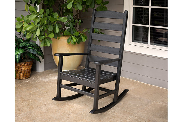 Create the perfect spot to relax with this Shaker-style porch rocking chair. This traditional all-weather rocker pairs well with any POLYWOOD® side table so you can coordinate a warm and welcoming look for your outdoor space.Made of recycled materials | Comfortably contoured seat and traditional ladder-back design; gently sloped runners provide a smooth rocking rhythm | Built to withstand hot sun, snowy winters and strong coastal winds | Durable, all-weather material not prone to splinter, crack, chip, peel or rot | Cleans easily with soap, water, and a soft-bristle brush | Infused with UV protectant and color; requires no painting or waterproofing | Marine-grade quality | Assembly required