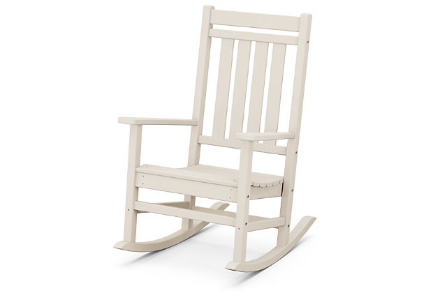 Enhance the look of your front porch with a touch of tradition with the Estate rocking chair. This classic all-weather rocker pairs well with any style side table, so you can coordinate the best look for your outdoor space. Your front porch, patio or veranda will look stylish and stately with this new, attractive addition.Made of recycled materials | Chair features comfortably contoured seat; gently sloped runners provide a smooth rocking rhythm | Built to withstand hot sun, snowy winters and strong coastal winds | Durable, all-weather material not prone to splinter, crack, chip, peel or rot | Cleans easily with soap, water, and a soft-bristle brush | Infused with UV protectant and color; requires no painting or waterproofing | Marine-grade quality | Assembly required