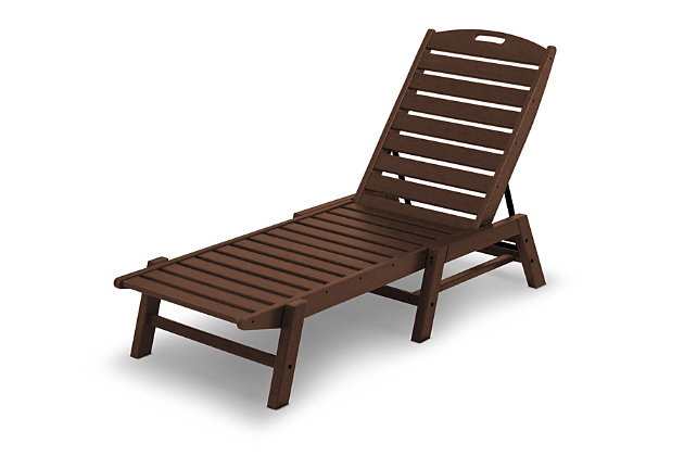 Bring the seaside to your outdoor space with the Nautical Chaise. This spacious chaise is contoured to fit your body, and because it's armless, it provides easy access to ultimate relaxation. With a convenient handle in the headrest and the ability to fold completely flat, this all-weather chaise can be stacked and stored with ease. Pair it with a side table from the Nautical collection, and you'll have the perfect spot where you and a companion can relax with cold drinks on a hot summer day.Made of recycled materials | Back adjusts to multiple lounging positions; handle in headrest | Folds flat for easy stacking and storage | Built to withstand hot sun, snowy winters and strong coastal winds | Durable, all-weather material not prone to splinter, crack, chip, peel or rot; fade resistant | Cleans easily with soap, water, and a soft-bristle brush | Infused with UV protectant and color; requires no painting or waterproofing | Marine-grade quality | Assembly required