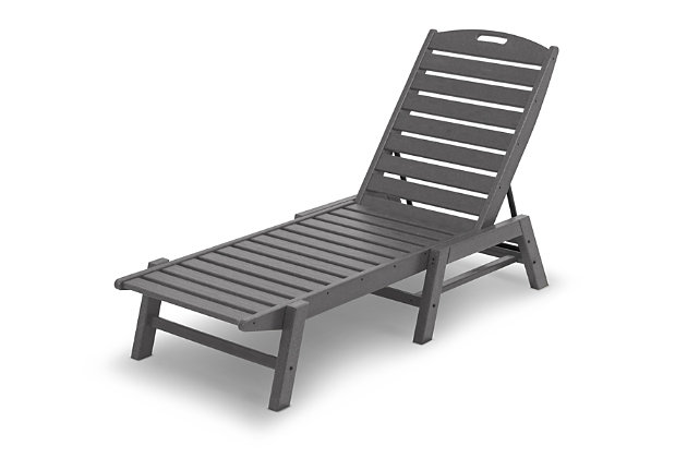 Bring the seaside to your outdoor space with the Nautical Chaise. This spacious chaise is contoured to fit your body, and because it's armless, it provides easy access to ultimate relaxation. With a convenient handle in the headrest and the ability to fold completely flat, this all-weather chaise can be stacked and stored with ease. Pair it with a side table from the Nautical collection, and you'll have the perfect spot where you and a companion can relax with cold drinks on a hot summer day.Made of recycled materials | Back adjusts to multiple lounging positions; handle in headrest | Folds flat for easy stacking and storage | Built to withstand hot sun, snowy winters and strong coastal winds | Durable, all-weather material not prone to splinter, crack, chip, peel or rot; fade resistant | Cleans easily with soap, water, and a soft-bristle brush | Infused with UV protectant and color; requires no painting or waterproofing | Marine-grade quality | Assembly required