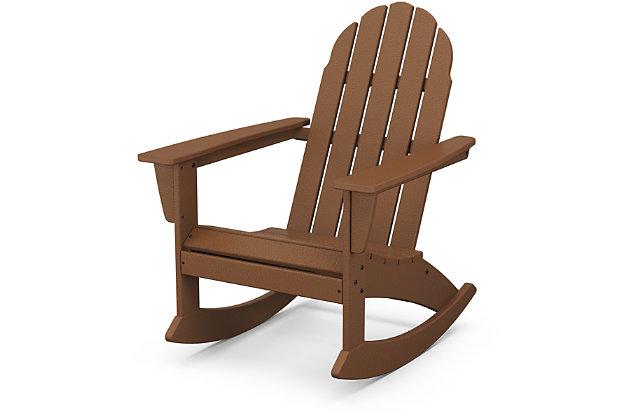 Take it easy in style in the Vineyard Adirondack rocking chair. With a classic back and sleek profile, it looks great in any outdoor space. Pair a couple of rocking chairs with a complementary side table on your front porch, or create a spot for friends and family to gather with several rockers on your patio.Made of recycled materials | Chair features comfortably contoured seat; gently sloped runners provide a smooth rocking rhythm | Built to withstand hot sun, snowy winters and strong coastal winds | Durable, all-weather material not prone to splinter, crack, chip, peel or rot | Cleans easily with soap, water, and a soft-bristle brush | Infused with UV protectant and color; no painting or waterproofing required | Marine-grade quality | Assembly required