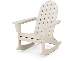Take it easy in style in the Vineyard Adirondack rocking chair. With a classic back and sleek profile, it looks great in any outdoor space. Pair a couple of rocking chairs with a complementary side table on your front porch, or create a spot for friends and family to gather with several rockers on your patio.Made of recycled materials | Chair features comfortably contoured seat; gently sloped runners provide a smooth rocking rhythm | Built to withstand hot sun, snowy winters and strong coastal winds | Durable, all-weather material not prone to splinter, crack, chip, peel or rot | Cleans easily with soap, water, and a soft-bristle brush | Infused with UV protectant and color; no painting or waterproofing required | Marine-grade quality | Assembly required