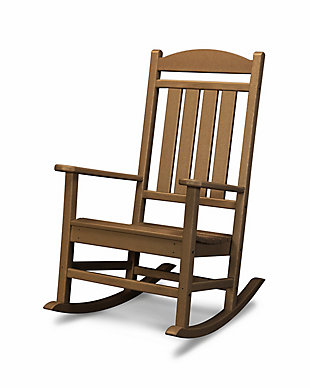 This charming POLYWOOD® Presidential Rocking Chair is as comfortable as it is functional. Any outdoor space benefits greatly if a few of these cute and comfortable rockers are strategically placed throughout the setting.Made of recycled materials | Comfortably contoured seat; gently sloped runners provide a smooth rocking rhythm | Built to withstand hot sun, snowy winters and strong coastal winds | Durable, all-weather material not prone to splinter, crack, chip, peel or rot | Cleans easily with soap, water and a soft-bristle brush | Infused with UV protectant and color; no painting or waterproofing required | Marine-grade quality | Assembly required