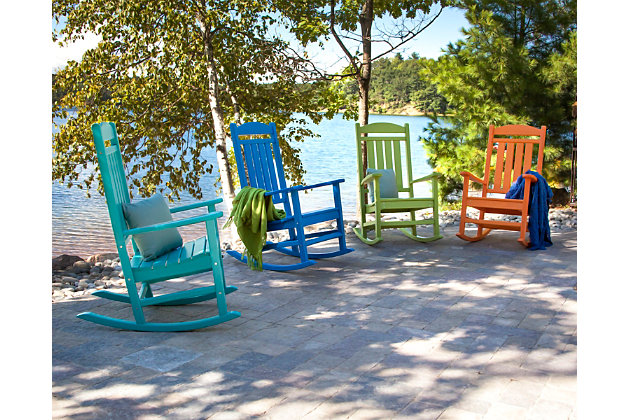This charming POLYWOOD® Presidential Rocking Chair is as comfortable as it is functional. Any outdoor space benefits greatly if a few of these cute and comfortable rockers are strategically placed throughout the setting.Made of recycled materials | Comfortably contoured seat; gently sloped runners provide a smooth rocking rhythm | Built to withstand hot sun, snowy winters and strong coastal winds | Durable, all-weather material not prone to splinter, crack, chip, peel or rot | Cleans easily with soap, water and a soft-bristle brush | Infused with UV protectant and color; no painting or waterproofing required | Marine-grade quality | Assembly required