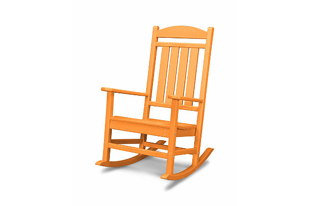 This charming POLYWOOD® Presidential Roc Chair is as comfortable as it is functional. Any outdoor space benefits greatly if a few of these cute and comfortable rockers are strategically placed throughout the setting.Made of recycled materials | Comfortably contoured seat; gently sloped runners provide a smooth roc rhythm | Built to withstand hot sun, snowy winters and strong coastal winds | Durable, all-weather material not prone to splinter, crack, chip, peel or rot | Cleans easily with soap, water and a soft-bristle brush | Infused with UV protectant and color; no painting or waterproofing required | Marine-grade quality | Assembly required
