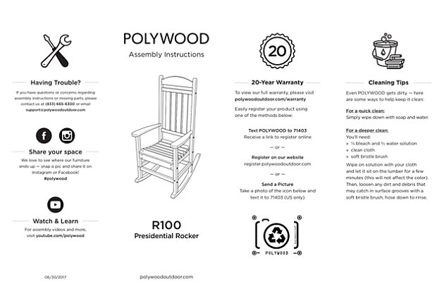 This charming POLYWOOD® Presidential Roc Chair is as comfortable as it is functional. Any outdoor space benefits greatly if a few of these cute and comfortable rockers are strategically placed throughout the setting.Made of recycled materials | Comfortably contoured seat; gently sloped runners provide a smooth roc rhythm | Built to withstand hot sun, snowy winters and strong coastal winds | Durable, all-weather material not prone to splinter, crack, chip, peel or rot | Cleans easily with soap, water and a soft-bristle brush | Infused with UV protectant and color; no painting or waterproofing required | Marine-grade quality | Assembly required