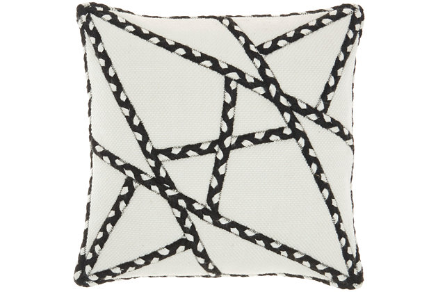 Add some pizazz to your decor with this chic indoor/outdoor throw pillow. The brilliant handcrafted pillow is destined to brighten your day and enliven your outlook. It features an applique woven braid in a modern geometric design, and is equally at home in a favorite room or outdoor location such as a pool, patio or balcony.Made of acrylic, polyester and cotton | Handcrafted | Cotton cover with zipper closure | Soft polyfill | Pattern face with solid reverse | Indoor/outdoor | Spot clean