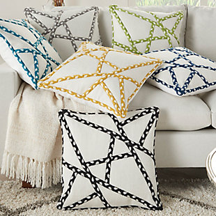 Add some pizazz to your decor with this chic indoor/outdoor throw pillow. The brilliant handcrafted pillow is destined to brighten your day and enliven your outlook. It features an applique woven braid in a modern geometric design, and is equally at home in a favorite room or outdoor location such as a pool, patio or balcony.Made of acrylic, polyester and cotton | Handcrafted | Cotton cover with zipper closure | Soft polyfill | Pattern face with solid reverse | Indoor/outdoor | Spot clean