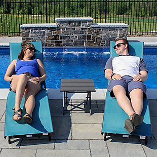 Sleek and Stylish! Our Coral Springs 3pc features two sleek loungers and one stylish side table – all you need to complete your outdoor room with chic to spare. y reclining loungers provide all levels of comfort including a fantastically comfortable setting for face down napping or reading. Aluminum frame keeps it sensationally rust free and ultra-lightweight. Quick and easy set up. Collapsible side table with a no maintenance poly top tucks away when not required ma this the ideal solution for close quarters. Acrylic mesh wraps the loungers ma cleanup virtually nonexistent.Three piece set turns your outdoor world from lackluster to luscious in one step. |  recline makes sleeping in your bed lose its appeal. | Neutral colour makes mixing and matching a snap. | Carve out some quality time; no assembly required. | Acrylic mesh seat and rust free Aluminum frame settle this lounger firmly into the weather resistant category.