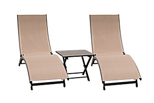 Sleek and Stylish! Our Coral Springs 3pc features two sleek loungers and one stylish side table – all you need to complete your outdoor room with chic to spare. Fully reclining loungers provide all levels of comfort including a fantastically comfortable setting for face down napping or reading. Aluminum frame keeps it sensationally rust free and ultra-lightweight. Quick and easy set up. Collapsible side table with a no maintenance poly top tucks away when not required making this the ideal solution for close quarters. Acrylic mesh wraps the loungers making cleanup virtually nonexistent.Three piece set turns your outdoor world from lackluster to luscious in one step. | Full recline makes sleeping in your bed lose its appeal. | Neutral colour makes mixing and matching a snap. | Carve out some quality time; no assembly required. | Acrylic mesh seat and rust free Aluminum frame settle this lounger firmly into the weather resistant category.