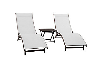 Sleek and Stylish! Our Coral Springs 3pc features two sleek loungers and one stylish side table – all you need to complete your outdoor room with chic to spare. Fully reclining loungers provide all levels of comfort including a fantastically comfortable setting for face down napping or reading. Aluminum frame keeps it sensationally rust free and ultra-lightweight. Quick and easy set up. Collapsible side table with a no maintenance poly top tucks away when not required making this the ideal solution for close quarters. Acrylic mesh wraps the loungers making cleanup virtually nonexistent.Three piece set turns your outdoor world from lackluster to luscious in one step. | Full recline makes sleeping in your bed lose its appeal. | Neutral colour makes mixing and matching a snap. | Carve out some quality time; no assembly required. | Acrylic mesh seat and rust free Aluminum frame settle this lounger firmly into the weather resistant category.