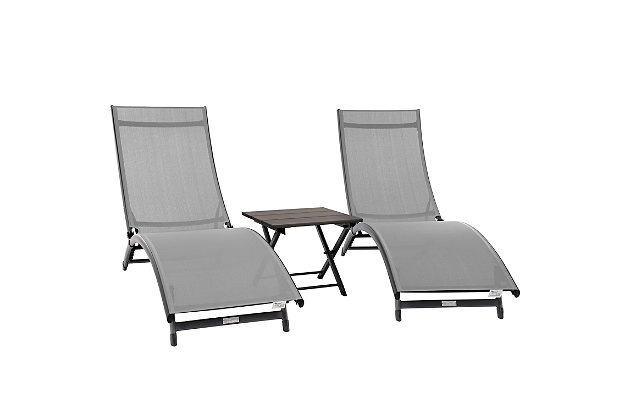 Sleek and Stylish! Our Coral Springs 3-Piece Lounger Set features two sleek loungers and one stylish side table – all you needed to complete your outdoor space. Fully reclining loungers provide all levels of comfort including a fantastically comfortable setting for face down napping or reading. The Aluminum frame keeps it sensationally rust free and ultra-lightweight and with no assembly required, it's quick and easy set up the loungers and table. The collapsible side table comes with a no-maintenance poly top and is convenient when you want to have a drink by your side or put down your book to take a quick snooze. The loungers are made of acrylic mesh material, making cleanup virtually nonexistent.Three piece set turns your outdoor world from lackluster to luscious in one step. | Full recline makes sleeping in your bed lose its appeal. | Neutral colour makes mixing and matching a snap. | Carve out some quality time; no assembly required. | Acrylic mesh seat and rust free Aluminum frame settle this lounger firmly into the weather resistant category.