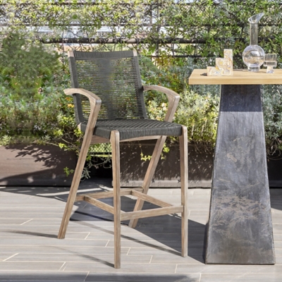 Brielle Outdoor Light Eucalyptus Wood and Charcoal Rope Counter and Bar Height Stool, Charcoal, rollover