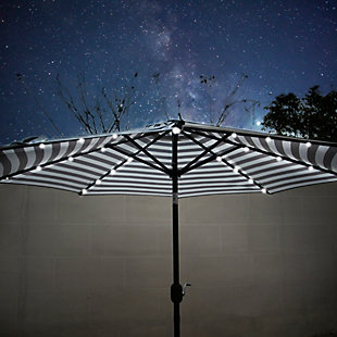 Not your average umbrella, the Lucian features a solar panel that uses the power of the sun to illuminate the bulbs lining each steel rib inside. Turn them on via a switch on the upper crank housing. When fully charged, these lights last eight to 10 hours so, day or night, this umbrella helps you have a blast outdoors. The fillable base stand is included, so this set is ready to put up.Includes light up LED umbrella and fillable base  | Bronze-tone powder coated aluminum pole with 8 steel ribs | Water- and fade-resistant black striped polyester canopy with air ventilation  | 20" sturdy plastic fillable base with black finish; weather resistant  | Rust-proof and anti-corrosive umbrella base | Easy crank open with tilt adjustment | Assembly required | Ships in 2 boxes