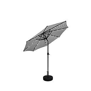 Not your average umbrella, the Lucian features a solar panel that uses the power of the sun to illuminate the bulbs lining each steel rib inside. Turn them on via a switch on the upper crank housing. When fully charged, these lights last eight to 10 hours so, day or night, this umbrella helps you have a blast outdoors. The fillable base stand is included, so this set is ready to put up.Includes light up LED umbrella and fillable base  | Bronze-tone powder coated aluminum pole with 8 steel ribs | Water- and fade-resistant black striped polyester canopy with air ventilation  | 20" sturdy plastic fillable base with black finish; weather resistant  | Rust-proof and anti-corrosive umbrella base | Easy crank open with tilt adjustment | Assembly required | Ships in 2 boxes