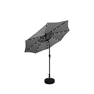 Not your average umbrella, the Lucian features a solar panel that uses the power of the sun to illuminate the bulbs lining each steel rib inside. Turn them on via a switch on the upper crank housing. When fully charged, these lights last eight to 10 hours so, day or night, this umbrella helps you have a blast outdoors. The fillable base stand is included, so this set is ready to put up.Includes light up LED umbrella and fillable base  | Bronze-tone powder coated aluminum pole with 8 steel ribs | Water- and fade-resistant gray polyester canopy with air ventilation  | 20" sturdy plastic fillable base with black finish; weather resistant  | Rust-proof and anti-corrosive umbrella base | Easy crank open with tilt adjustment | Assembly required | Ships in 2 boxes | Estimated Assembly Time: 5 Minutes