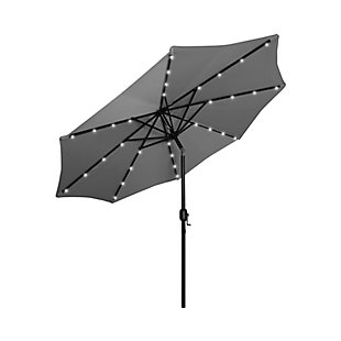 Not your average umbrella, the Lucian features a solar panel that uses the power of the sun to illuminate the bulbs lining each steel rib inside. Turn them on via a switch on the upper crank housing. When fully charged, these lights last eight to 10 hours so, day or night, this umbrella helps you have a blast outdoors. The fillable base stand is included, so this set is ready to put up.Includes light up LED umbrella and fillable base  | Bronze-tone powder coated aluminum pole with 8 steel ribs | Water- and fade-resistant gray polyester canopy with air ventilation  | 20" sturdy plastic fillable base with black finish; weather resistant  | Rust-proof and anti-corrosive umbrella base | Easy crank open with tilt adjustment | Assembly required | Ships in 2 boxes | Estimated Assembly Time: 5 Minutes