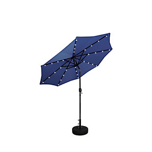 Not your average umbrella, the Lucian features a solar panel that uses the power of the sun to illuminate the bulbs lining each steel rib inside. Turn them on via a switch on the upper crank housing. When fully charged, these lights last eight to 10 hours so, day or night, this umbrella helps you have a blast outdoors. The fillable base stand is included, so this set is ready to put up.Includes light up LED umbrella and fillable base  | Bronze-tone powder coated aluminum pole with 8 steel ribs | Water- and fade-resistant navy blue polyester canopy with air ventilation  | 20" sturdy plastic fillable base with black finish; weather resistant  | Rust-proof and anti-corrosive umbrella base | Easy crank open with tilt adjustment | Assembly required | Ships in 2 boxes | Estimated Assembly Time: 5 Minutes