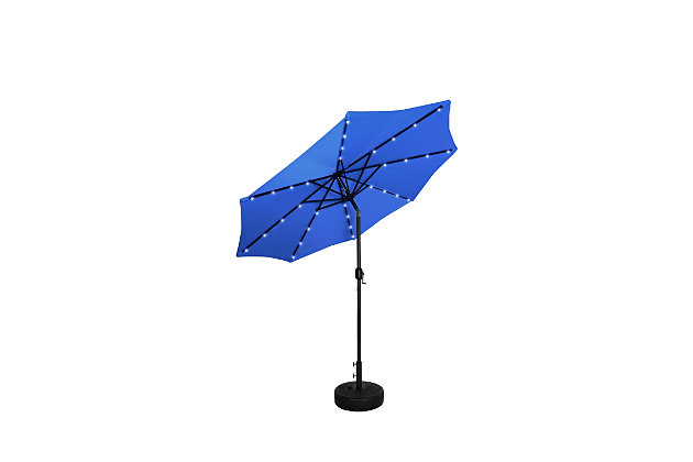 Not your average umbrella, the Lucian features a solar panel that uses the power of the sun to illuminate the bulbs lining each steel rib inside. Turn them on via a switch on the upper crank housing. When fully charged, these lights last eight to 10 hours so, day or night, this umbrella helps you have a blast outdoors. The fillable base stand is included, so this set is ready to put up.Includes light up LED umbrella and fillable base  | Bronze-tone powder coated aluminum pole with 8 steel ribs | Water- and fade-resistant royal blue polyester canopy with air ventilation  | 20" sturdy plastic fillable base with black finish; weather resistant  | Rust-proof and anti-corrosive umbrella base | Easy crank open with tilt adjustment | Assembly required | Ships in 2 boxes