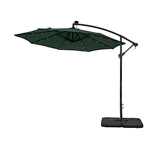 Not your average umbrella, the Lucia features a solar panel that uses the power of the sun to illuminate the bulbs lining each steel rib inside. When fully charged, these lights last eight to 10 hours so, day or night, this umbrella helps you have a blast outdoors. The base is included, so this set is ready to put up.Includes light up LED umbrella and 4-piece fillable weight base  | Powder coated aluminum frame with 8 steel ribs with lights | Water- and fade-resistant dark green polyester canopy with air ventilation  | Black base weights are made from heavy duty plastic  | Base weight includes a carrying handle  | Easy crank open with tilt adjustment | Fill capacity for base weight: 200 lbs. of sand or 6 liters of water | Assembly required | Ships in 2 boxes