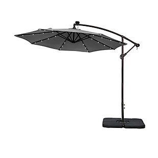 Not your average umbrella, the Lucia features a solar panel that uses the power of the sun to illuminate the bulbs lining each steel rib inside. When fully charged, these lights last eight to 10 hours so, day or night, this umbrella helps you have a blast outdoors. The base is included, so this set is ready to put up.Includes light up LED umbrella and 4-piece fillable weight base  | Powder coated aluminum frame with 8 steel ribs with lights | Water- and fade-resistant gray polyester canopy with air ventilation  | Black base weights are made from heavy duty plastic  | Base weight includes a carrying handle  | Easy crank open with tilt adjustment | Fill capacity for base weight: 200 lbs. of sand or 6 liters of water | Assembly required | Ships in 2 boxes | Estimated Assembly Time: 5 Minutes