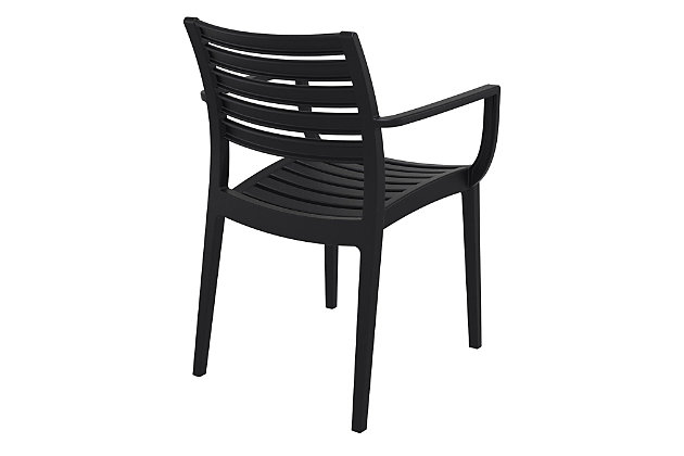 Sit back and relax in style with the Artemis resin outdoor dining arm chair. Its comfortable seat and back provide a restful retreat, while super-sturdy commercial strength adds function. It's made from commercial-grade resin with gas injection molded legs and recyclable polypropylene construction. This flexible chair is a simple staple that's sure to last, and its UV resistance, easy cleaning and stackable design allow it to transition easily from indoors to outdoors. Best of all, the Artemis comes in a set of two.Set of 2 | Made from commercial-grade resin with gas injection molded legs; non-skid rubber caps | Black | Resistant to sunlight, salt, weather and suntan oils | Easy to keep clean | Stackable for easy storage | Extremely durable | Perfect for heavy use in any indoor or outdoor areas