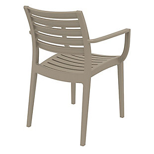 Sit back and relax in style with the Artemis resin outdoor dining arm chair. Its comfortable seat and back provide a restful retreat, while super-sturdy commercial strength adds function. It's made from commercial-grade resin with gas injection molded legs and recyclable polypropylene construction. This flexible chair is a simple staple that's sure to last, and its UV resistance, easy cleaning and stackable design allow it to transition easily from indoors to outdoors. Best of all, the Artemis comes in a set of two.Set of 2 | Made from commercial-grade resin with gas injection molded legs; non-skid rubber caps | Taupe | Resistant to sunlight, salt, weather and suntan oils | Easy to keep clean | Stackable for easy storage | Extremely durable | Perfect for heavy use in any indoor or outdoor areas