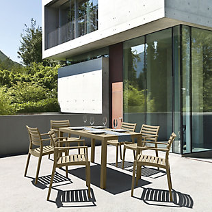 Sit back and relax in style with the Artemis resin outdoor dining arm chair. Its comfortable seat and back provide a restful retreat, while super-sturdy commercial strength adds function. It's made from commercial-grade resin with gas injection molded legs and recyclable polypropylene construction. This flexible chair is a simple staple that's sure to last, and its UV resistance, easy cleaning and stackable design allow it to transition easily from indoors to outdoors. Best of all, the Artemis comes in a set of two.Set of 2 | Made from commercial-grade resin with gas injection molded legs; non-skid rubber caps | Taupe | Resistant to sunlight, salt, weather and suntan oils | Easy to keep clean | Stackable for easy storage | Extremely durable | Perfect for heavy use in any indoor or outdoor areas