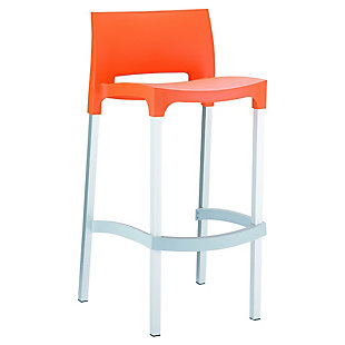 Whimsical and ever-so-stylish, the Gio bar stool is made with a polypropylene resin seat and aluminum legs. It's great for outdoor spaces, patios and decks. To top it off, this chair comes in a set of two for maximum style impact.Set of 2 | Made from commercial-grade resin with anodized aluminum legs; non-skid rubber caps | Orange | Resistant to sunlight, salt, weather and suntan oils | Easy to keep clean; maintenance free | Stackable for easy storage | Extremely durable | Perfect for heavy use in any indoor or outdoor areas