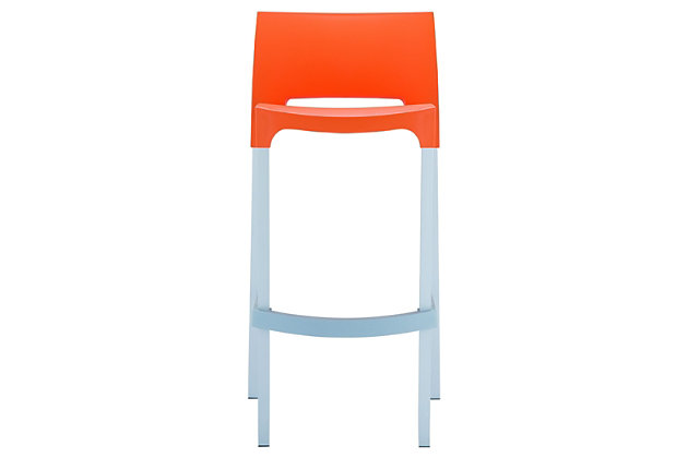 Whimsical and ever-so-stylish, the Gio bar stool is made with a polypropylene resin seat and aluminum legs. It's great for outdoor spaces, patios and decks. To top it off, this chair comes in a set of two for maximum style impact.Set of 2 | Made from commercial-grade resin with anodized aluminum legs; non-skid rubber caps | Orange | Resistant to sunlight, salt, weather and suntan oils | Easy to keep clean; maintenance free | Stackable for easy storage | Extremely durable | Perfect for heavy use in any indoor or outdoor areas