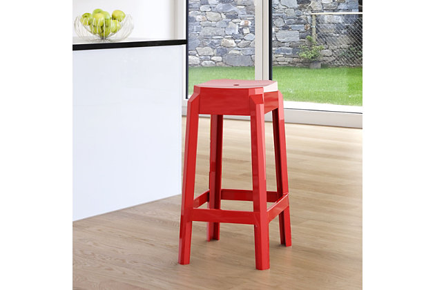 Sit pretty with the striking Fox polycarbonate counter stool. Its contemporary design flows seamlessly between indoor and outdoor spaces. Scratch resistant with strong legs and structure, this stool has desirable durability. The stackable design of this set of two stools elevates them to space-efficient seating staples.Set of 2 | Made from durable polycarbonate | Glossy red | Resistant to sunlight, salt, weather and suntan oils | Easy to keep clean | Stackable for easy storage | Extremely durable | Perfect for heavy use in any indoor or outdoor areas