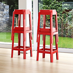 Sit pretty with the striking Fox polycarbonate counter stool. Its contemporary design flows seamlessly between indoor and outdoor spaces. Scratch resistant with strong legs and structure, this stool has desirable durability. The stackable design of this set of two stools elevates them to space-efficient seating staples.Set of 2 | Made from durable polycarbonate | Glossy red | Resistant to sunlight, salt, weather and suntan oils | Easy to keep clean | Stackable for easy storage | Extremely durable | Perfect for heavy use in any indoor or outdoor areas