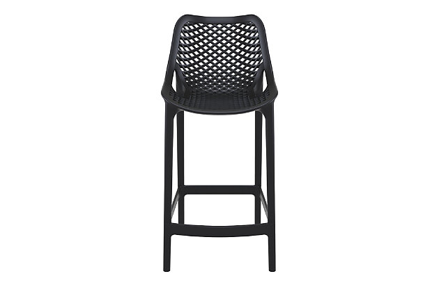 Modern design meets super functionality with the Air resin outdoor counter stool. This sleek indoor/outdoor chair, which is made from polypropylene resin with gas injection molded legs, is suitable for restaurants, cafes and hotels. Comes in a set of two.Set of 2 | Made from commercial-grade resin polypropylene | Black | Resistant to sunlight, salt, weather and suntan oils | Easy to keep clean | Stackable for easy storage | Extremely durable; perfect for heavy use in any indoor or outdoor areas | Assembly required
