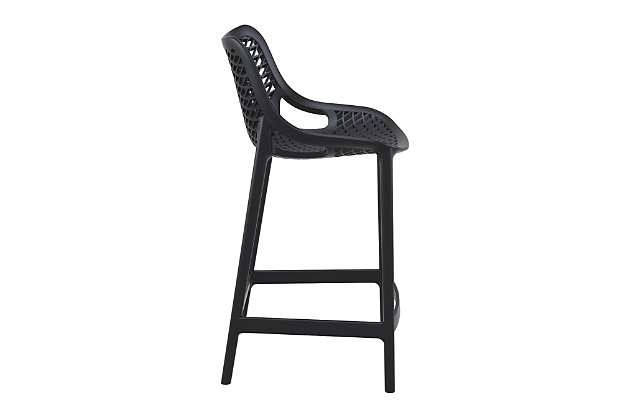 Modern design meets super functionality with the Air resin outdoor counter stool. This sleek indoor/outdoor chair, which is made from polypropylene resin with gas injection molded legs, is suitable for restaurants, cafes and hotels. Comes in a set of two.Set of 2 | Made from commercial-grade resin polypropylene | Black | Resistant to sunlight, salt, weather and suntan oils | Easy to keep clean | Stackable for easy storage | Extremely durable; perfect for heavy use in any indoor or outdoor areas | Assembly required