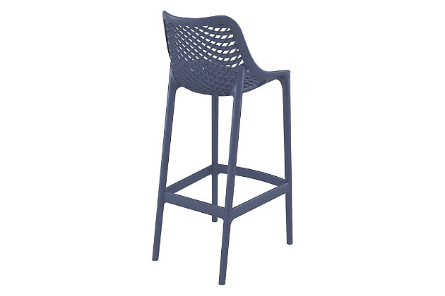 Modern design meets super functionality with the Air resin outdoor bar stool. This sleek indoor/outdoor chair, which is made from polypropylene resin with gas injection molded legs, is suitable for restaurants, cafes and hotels. Comes in a set of two.Set of 2 | Made from commercial-grade resin polypropylene | Dark gray | Resistant to sunlight, salt, weather and suntan oils | Easy to keep clean | Stackable for easy storage | Extremely durable; perfect for heavy use in any indoor or outdoor areas | Assembly required
