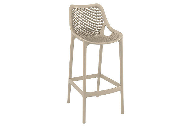 Modern design meets super functionality with the Air resin outdoor bar stool. This sleek indoor/outdoor chair, which is made from polypropylene resin with gas injection molded legs, is suitable for restaurants, cafes and hotels. Comes in a set of two.Set of 2 | Made from commercial-grade resin polypropylene | Taupe | Resistant to sunlight, salt, weather and suntan oils | Easy to keep clean | Stackable for easy storage | Extremely durable; perfect for heavy use in any indoor or outdoor areas | Assembly required