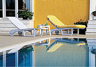 Lounge in luxury. The cleanly designed Sundance resin pool chaise lounge is a functional favorite. It's made of white marine-grade resin that's resistant to suntan oils, chlorine and saltwater. Find your desired comfort position with its adjustable back, which has four positions and the ability to lay flat so you can soak up the sun. The chaise has strong and stable legs, and features wheels for easy mobility. Comes in a set of two.Set of 2 | Made from commercial-grade resin with non-skid rubber caps | White | Back adjustable to 4 different positions, plus laying flat | Resistant to sunlight, chlorine, salt, stains and suntan oils | Easy to keep clean | Extremely durable | Assembly required