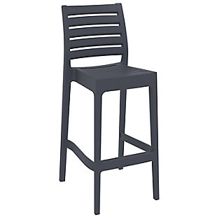 Strength and contemporary style combine in the Ares bar stool. Made of durable weather-resistant resin reinforced with glass fiber, it has no metal parts to rust and no moving parts to break. This chair sports a stackable design and is made for commercial durability—features that are ideal for heavy-use areas such as hotels and restaurants. With a UV treatment that withstands outdoor temperatures in both the summer and winter, this set of two bar stools is a must-have.Set of 2 | Made from commercial-grade resin with gas injection molded legs; non-skid rubber caps | Dark gray | Resistant to sunlight, salt, weather and suntan oils | Easy to keep clean | Stackable for easy storage | Maintenance free | Extremely durable for outdoor temperatures