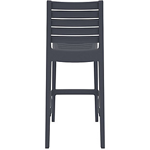 Strength and contemporary style combine in the Ares bar stool. Made of durable weather-resistant resin reinforced with glass fiber, it has no metal parts to rust and no moving parts to break. This chair sports a stackable design and is made for commercial durability—features that are ideal for heavy-use areas such as hotels and restaurants. With a UV treatment that withstands outdoor temperatures in both the summer and winter, this set of two bar stools is a must-have.Set of 2 | Made from commercial-grade resin with gas injection molded legs; non-skid rubber caps | Dark gray | Resistant to sunlight, salt, weather and suntan oils | Easy to keep clean | Stackable for easy storage | Maintenance free | Extremely durable for outdoor temperatures