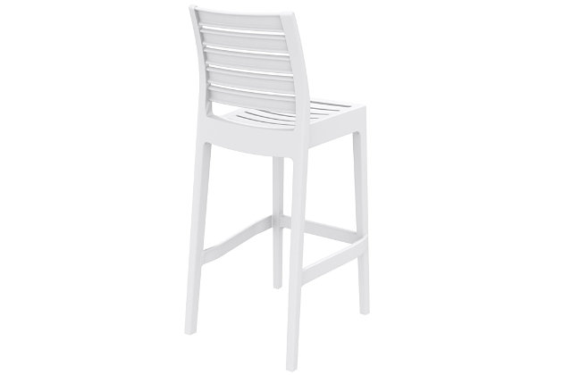 Strength and contemporary style combine in the Ares bar stool. Made of durable weather-resistant resin reinforced with glass fiber, it has no metal parts to rust and no moving parts to break. This chair sports a stackable design and is made for commercial durability—features that are ideal for heavy-use areas such as hotels and restaurants. With a UV treatment that withstands outdoor temperatures in both the summer and winter, this set of two bar stools is a must-have. Set of 2 | Made from commercial-grade resin with gas injection molded legs; non-skid rubber caps | White | Resistant to sunlight, salt, weather and suntan oils | Easy to keep clean | Stackable for easy storage | Maintenance free | Extremely durable for outdoor temperatures